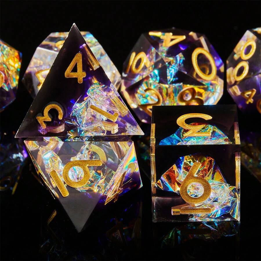 Exquisite Resin Gold Foil Dice Set, Complex Design With Multi-Faceted Shapes Including D20 - Ideal For Role Playing Games And Cthulhu Board Games