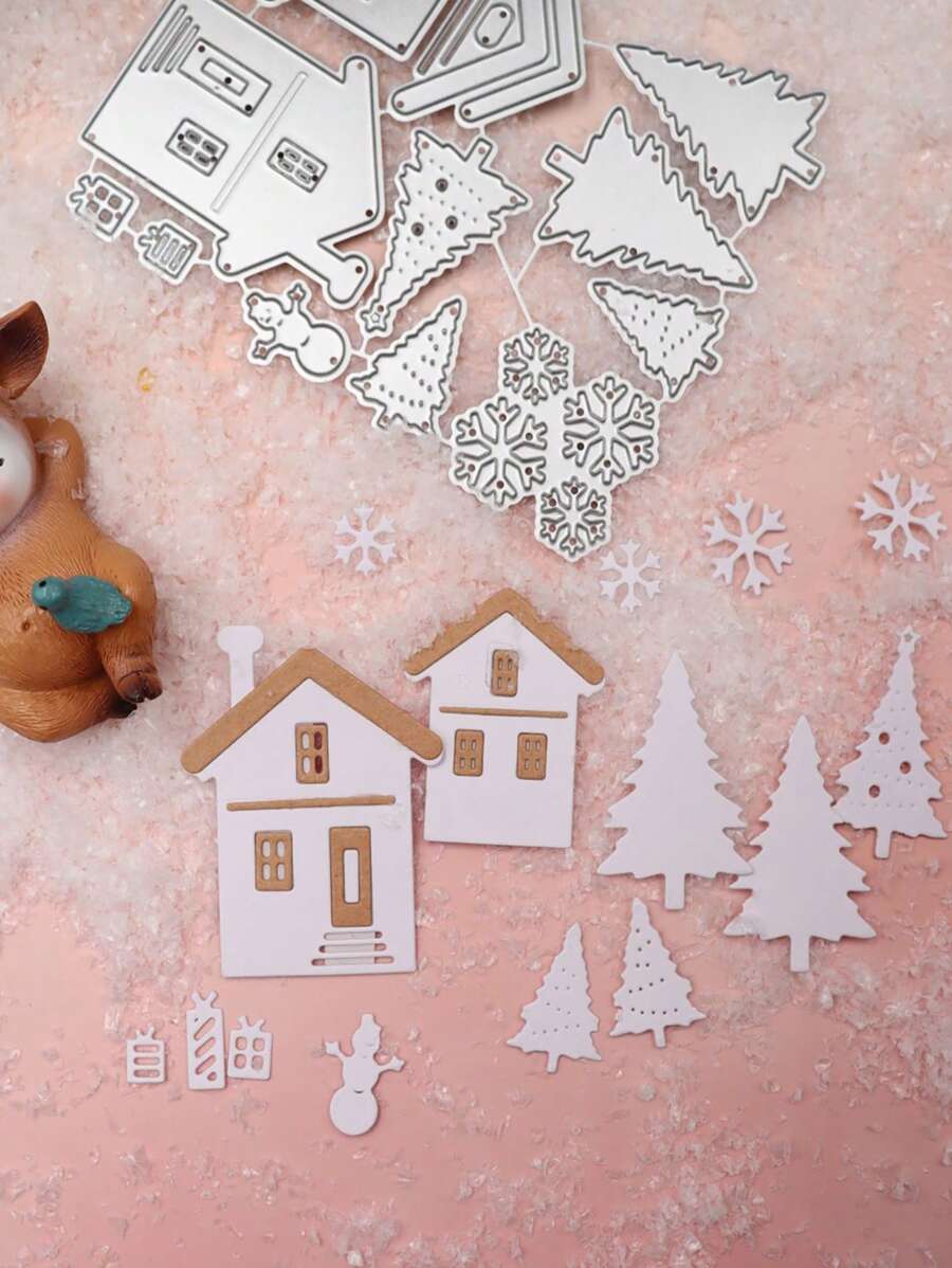 1 Pack House Tree Snowflake Style Thin Cutting Mold Handmade DIY Cutting Mold Scrapbook Background Decoration Embossing Template Photo Album Holiday Greeting Card Making