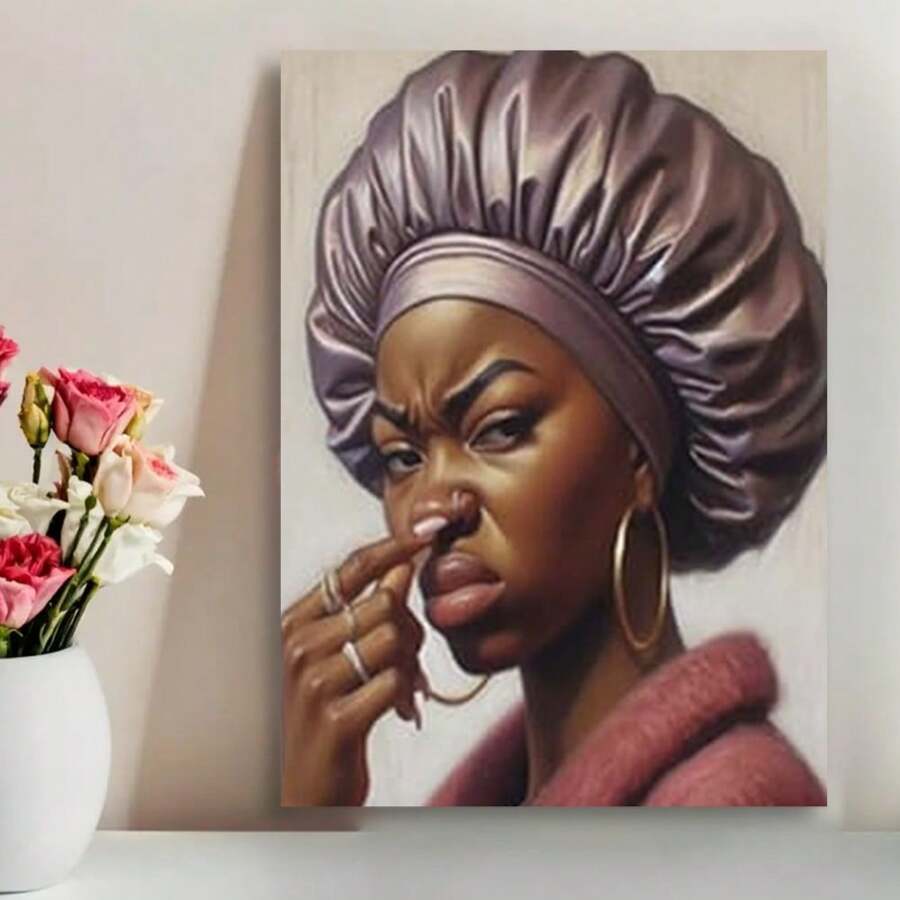 Framed Interesting African American Bathroom Canvas Wall Art, African Toilet Pinching Nose Poster, Humorous Smelly Woman Wall Decorative Poster