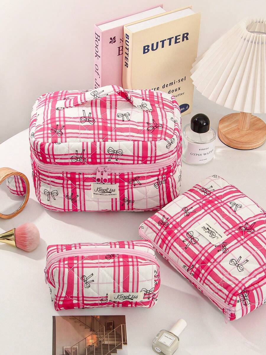 1 Peça Bolsa de Maquiagem Fofa de Grande Capacidade, Nécessaire Acolchoado para Cosméticos, Bolsa de Maquiagem de Viagem com Laço Xadrez, Dobrável, com Alça, Organizador de Maquiagem Estético, Bolsa de Armazenamento para Viagem, Nécessaire Portátil, Bolsa para Lápis, Essenciais de Viagem, Férias de Verão, Volta às Aulas, Bolsa Escolar, Bolsa de Viagem para Mulheres, Bolsa de Maquiagem para Viagem