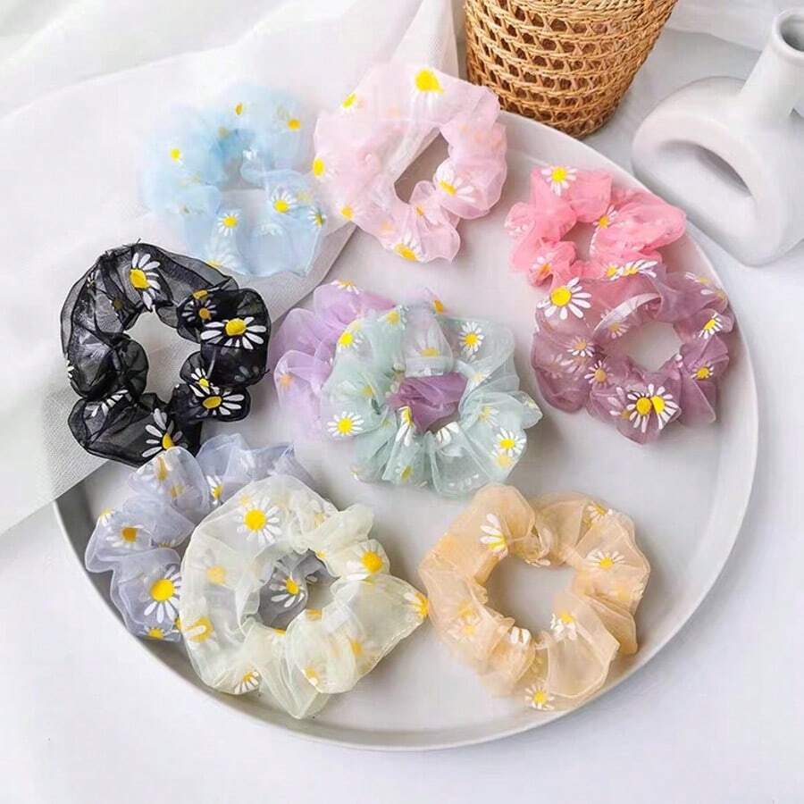 4/8 Stück einfache Haargummis, elastische Scrunchies mit Gänseblümchen Muster, Mesh Haarseil Zopfhalter, Damen Haarzubehör, weiche und süße elastische Haargummis als modisches Haarzubehör und Valentinstags-Geschenk, Zopfhalter, Haargummis, Haargummiringe