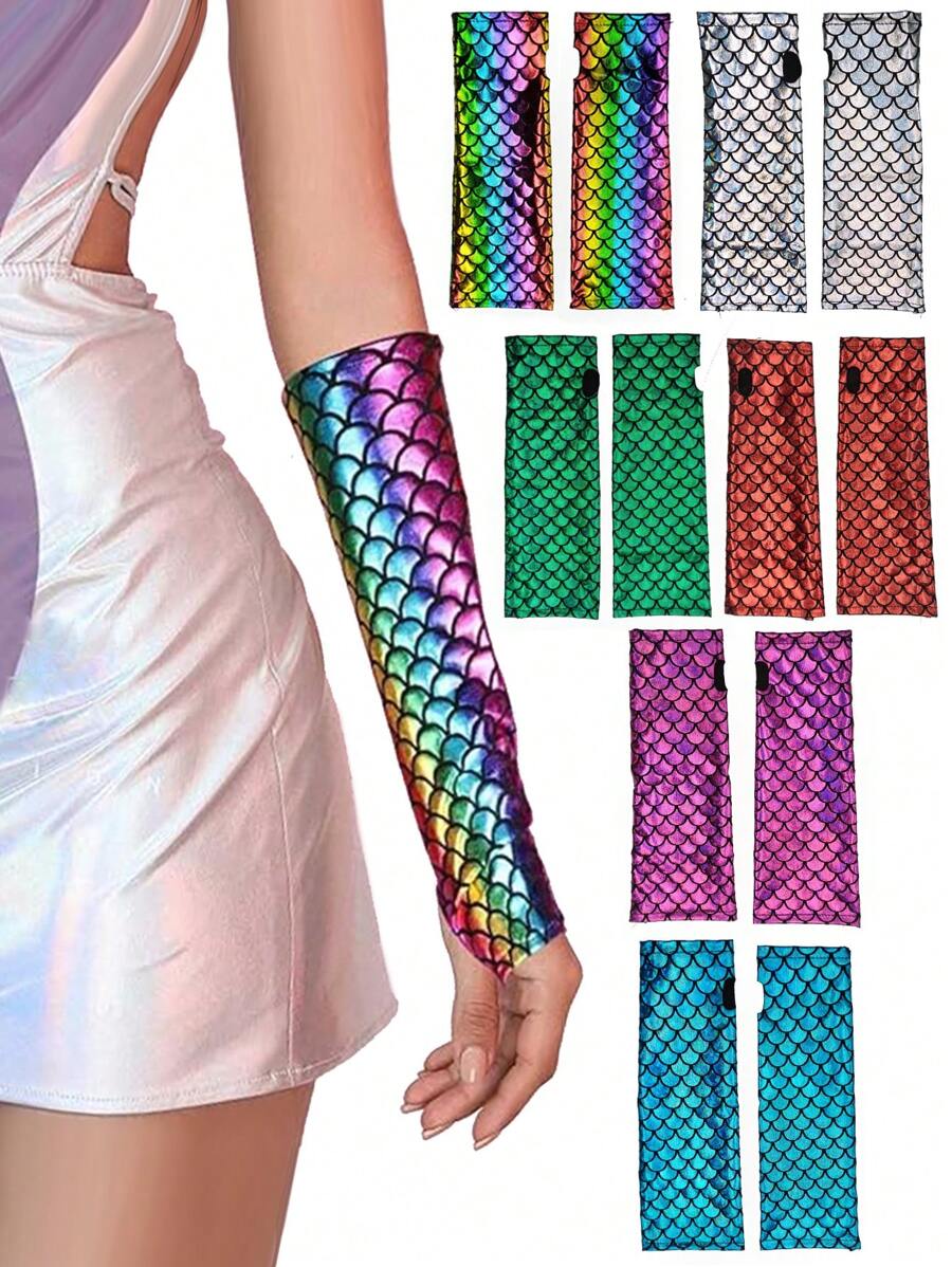 D EXCEED 1 Paar glänzende Meerjungfrau Schuppen Handschuhe Fischschuppen Armstulpen Rave Party Handschuhe Hologramm fingerlose Handschuhe Halloween Cosplay Kostüm Accessoires Irisierend