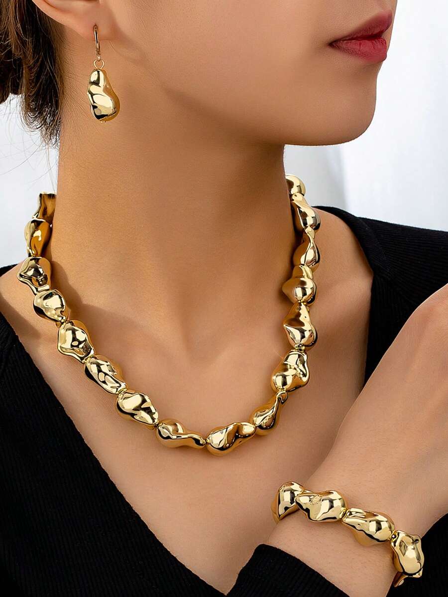1 Set vintage eleganter geometrischer unregelmäßiger Perlenkette, Armband und Ohrringe, Luxus-Geschenk für Frauen