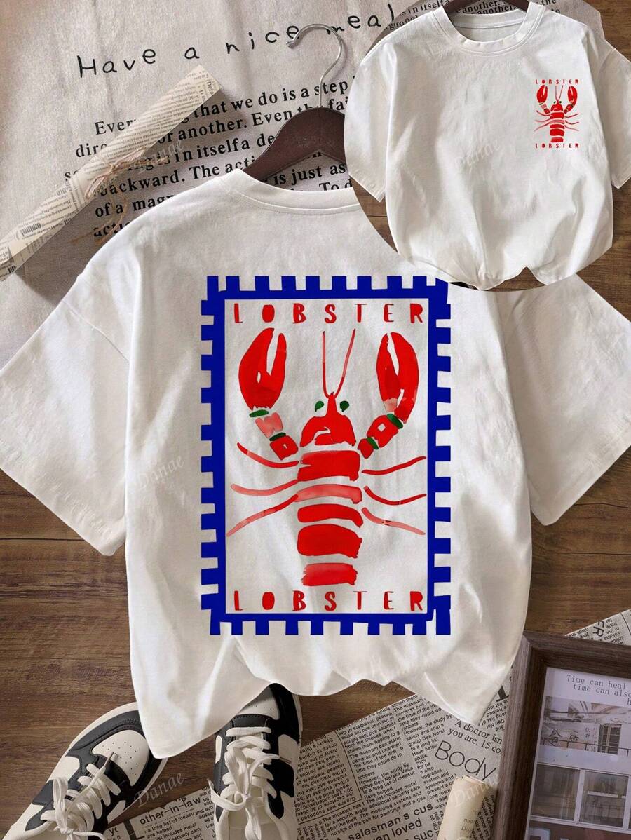 Camiseta casual de mujer con cuello redondo y manga corta con estampado de langosta, para salir en verano