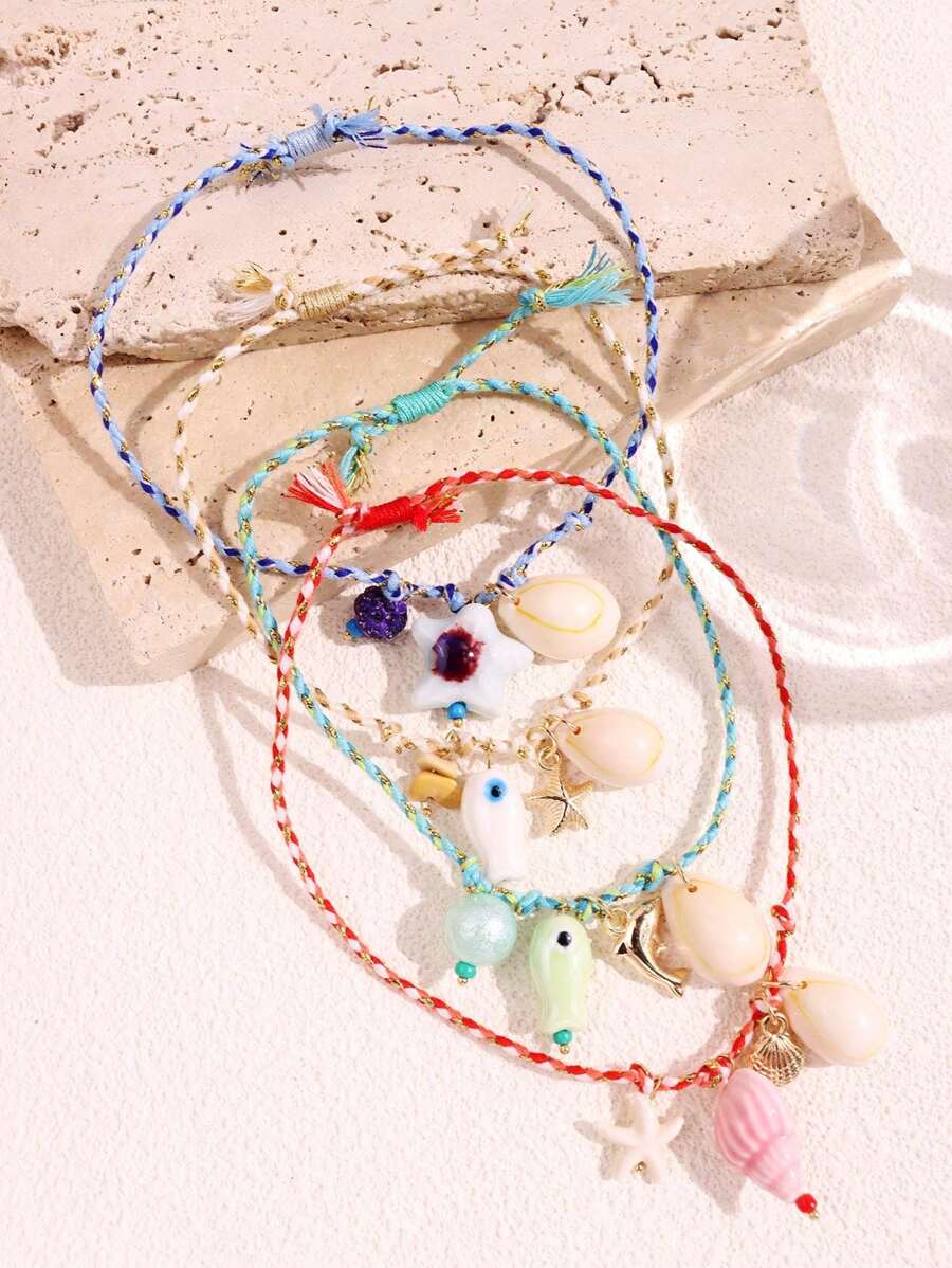 1pc Fashion Delicate Summer Beach Vacation Style Personalized Fish, Seashell, Starfish Pendant Bohemian Bracelet For Women, Suitable For Daily Outfit And Beach Vacation