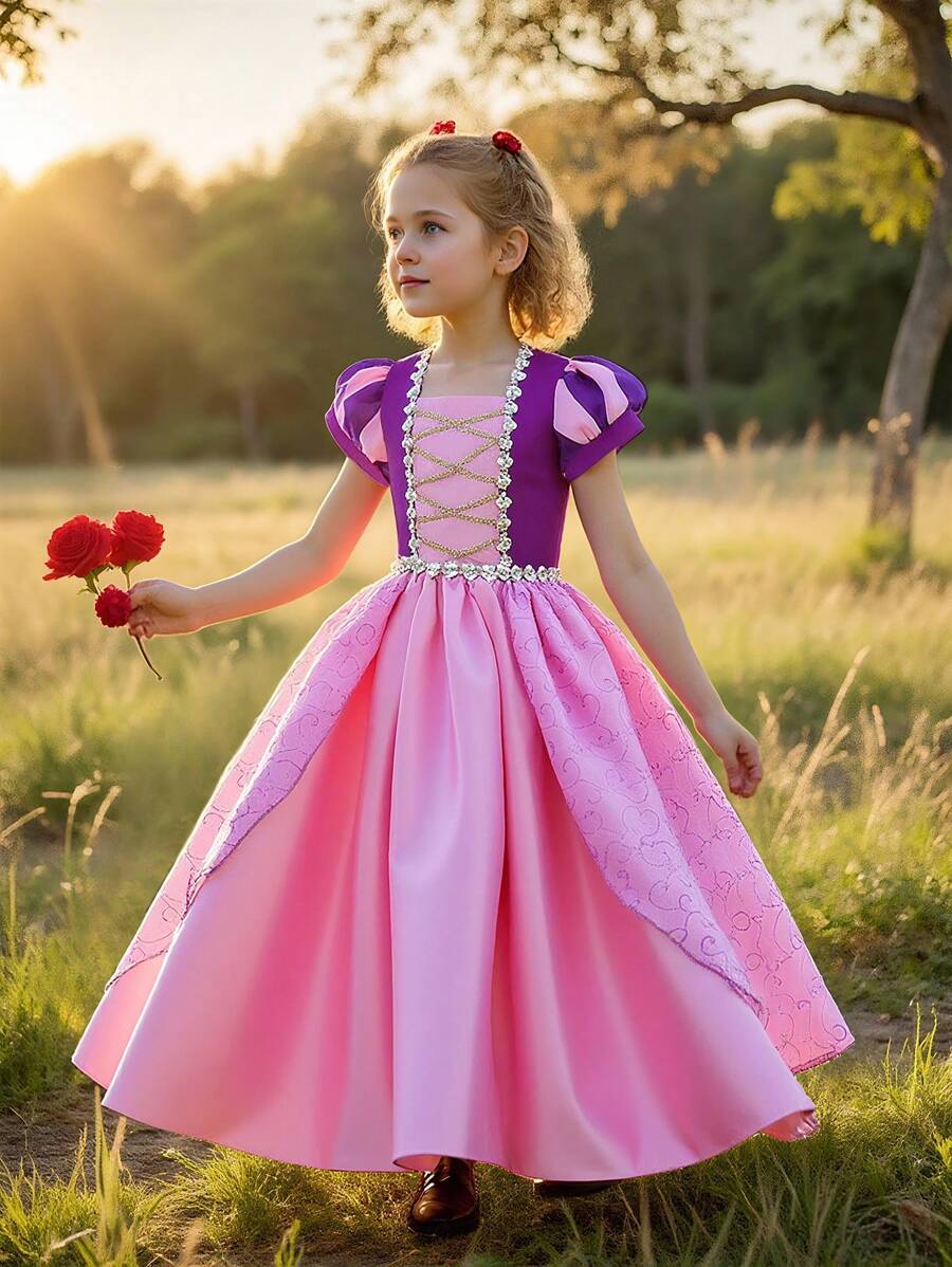 Young Girl Short Sleeve Schoolwear/Stage Performance Princess Dress, Suitable For Birthday, Wedding, Party, No Headpiece Included