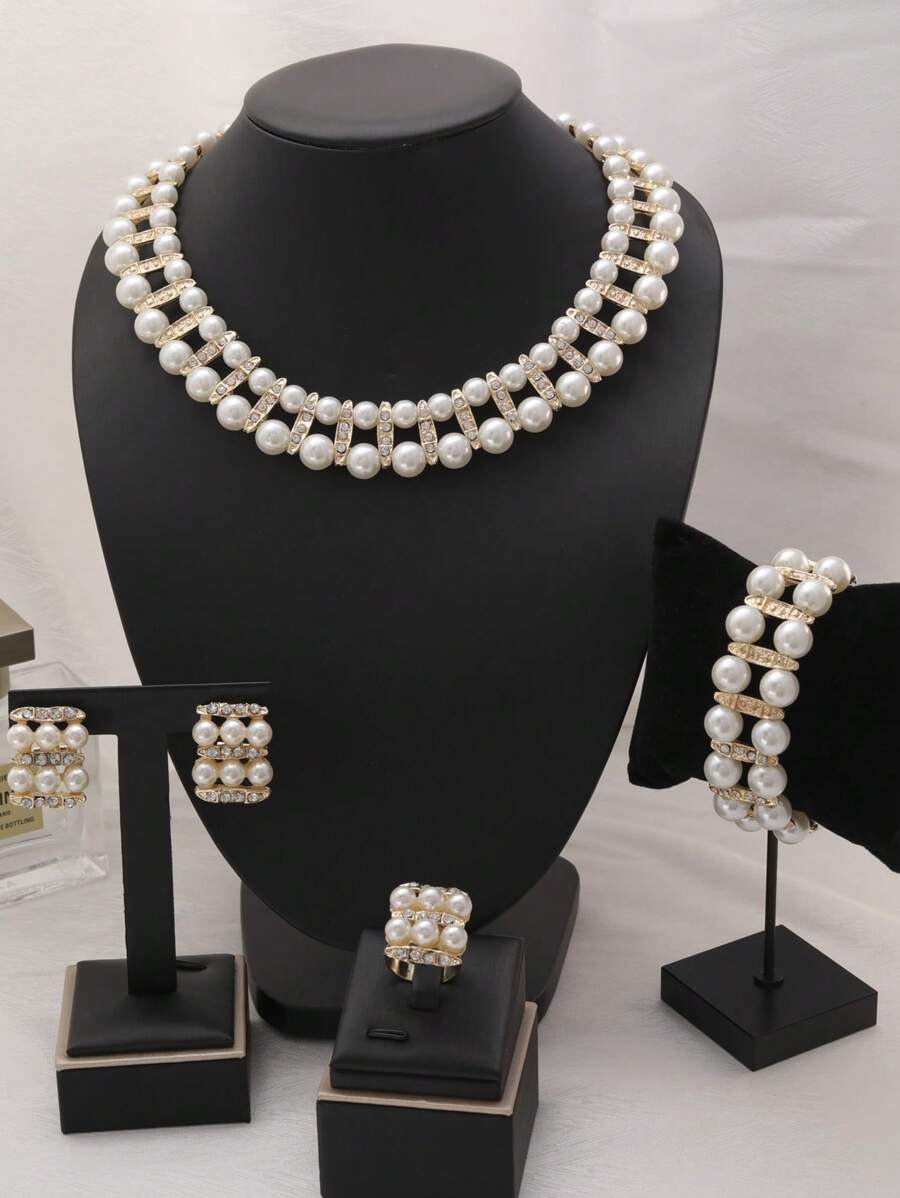 5 Peças/Conjunto Conjunto de Joias Elegantes e da Moda Folheado a Ouro (Falso) Conjunto de Brincos e Colar de Pérolas para Mulheres Casamento e Festa