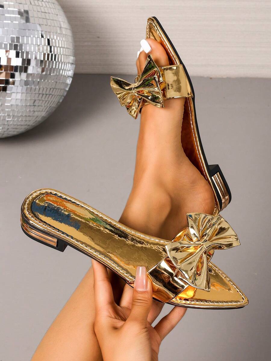 Women's Pointed Toe Lovely Bow Strap Chunky Heel Slide Sandals, Comfortable And Elegant Flat Summer Shoes