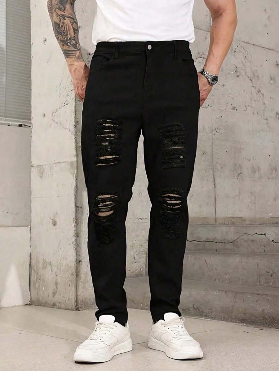 1pc Men's Black Stretch Denim Jeans, Streetwear Casual Jogger Pants, Breathable Skinny Ripped Jeans Suitable For City Walking, Parent-Child, Outdoor Activities