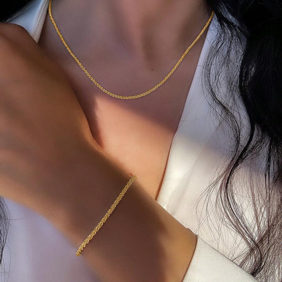 2pcs Minimalist Chain Bracelet & Necklace Jewelry Set For Women, Party/Travel Gift (Necklace Is More Like A Choker, Shorter Length)