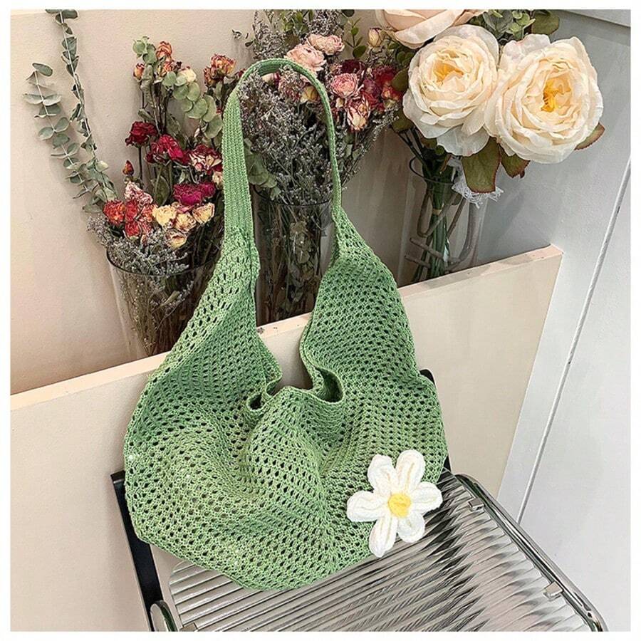 Hollow Out Weave Bag Bohemian Style Beach Handbag Hollow Tote Bag Large Capacity Slouchy Style Beach Bag Shopping Women Casual Beach Bag Large Capacity Crochet Flower Tote Bag Fashion Tote Handbags Outdoor Travel Bag