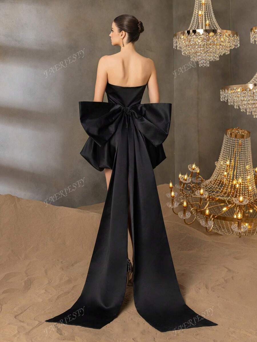 Balloon-Hem Evening Gown With Dramatic Waist Bow Detail – Elegant Formal Bridal Shower Dress For Red Carpet Galas, Black-Tie Wedding Receptions, Luxury Charity Balls, Bride