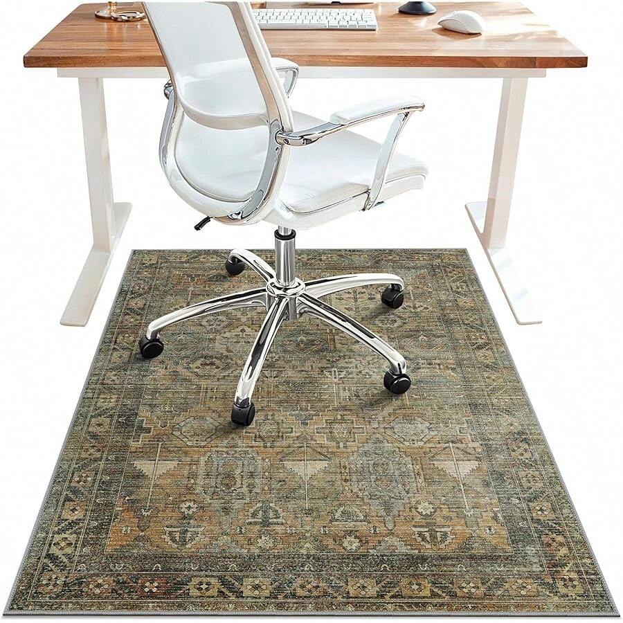 36"X48" Office Chair Mat For Hardwood Tile Floor, Under Desk Carpet Protector For Rolling Computer Chair Mat, Machine Washable Area Rug, Anti-Slip 1/5" Thick Low Pile Thin Vinyl Floor Mat, Sepia