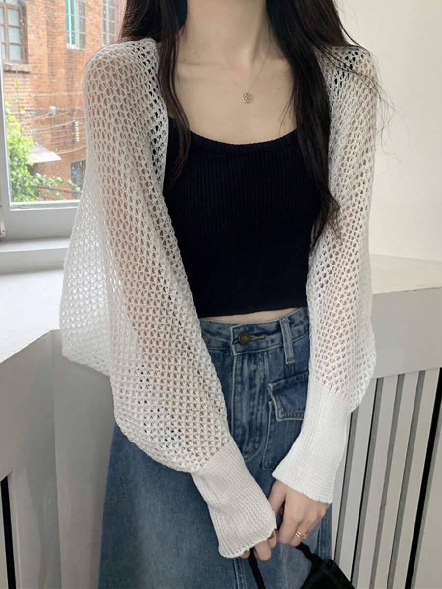 1pc Women High Quality Long Sleeve Thin Knit Shawl Cover Up, Hollow Out Design, Summer Lightweight Outwear