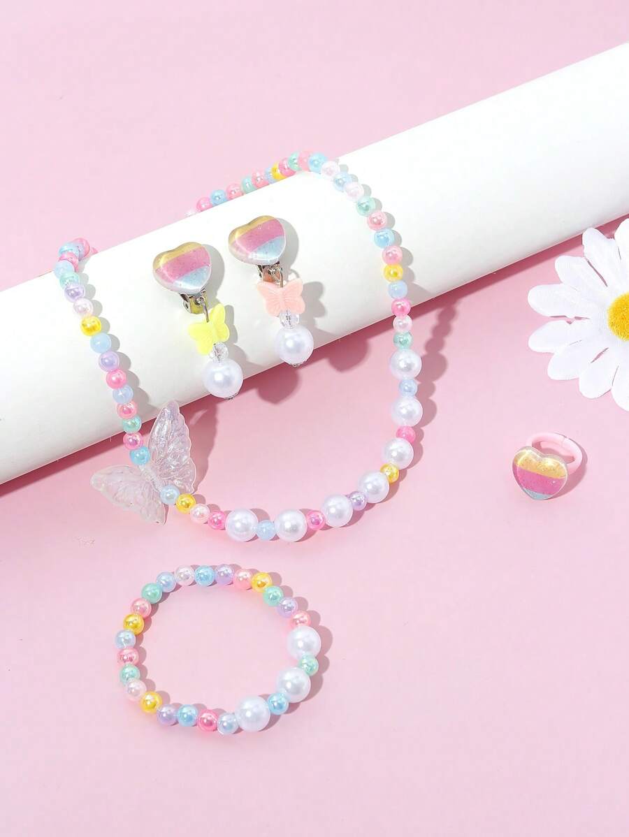 5pcs/Set Iridescent Colored Cute Star & Pearl Beaded Bracelet, Necklace, Earrings, Ring Set, Suitable For Daily, Festival, Party Wear, Random Color