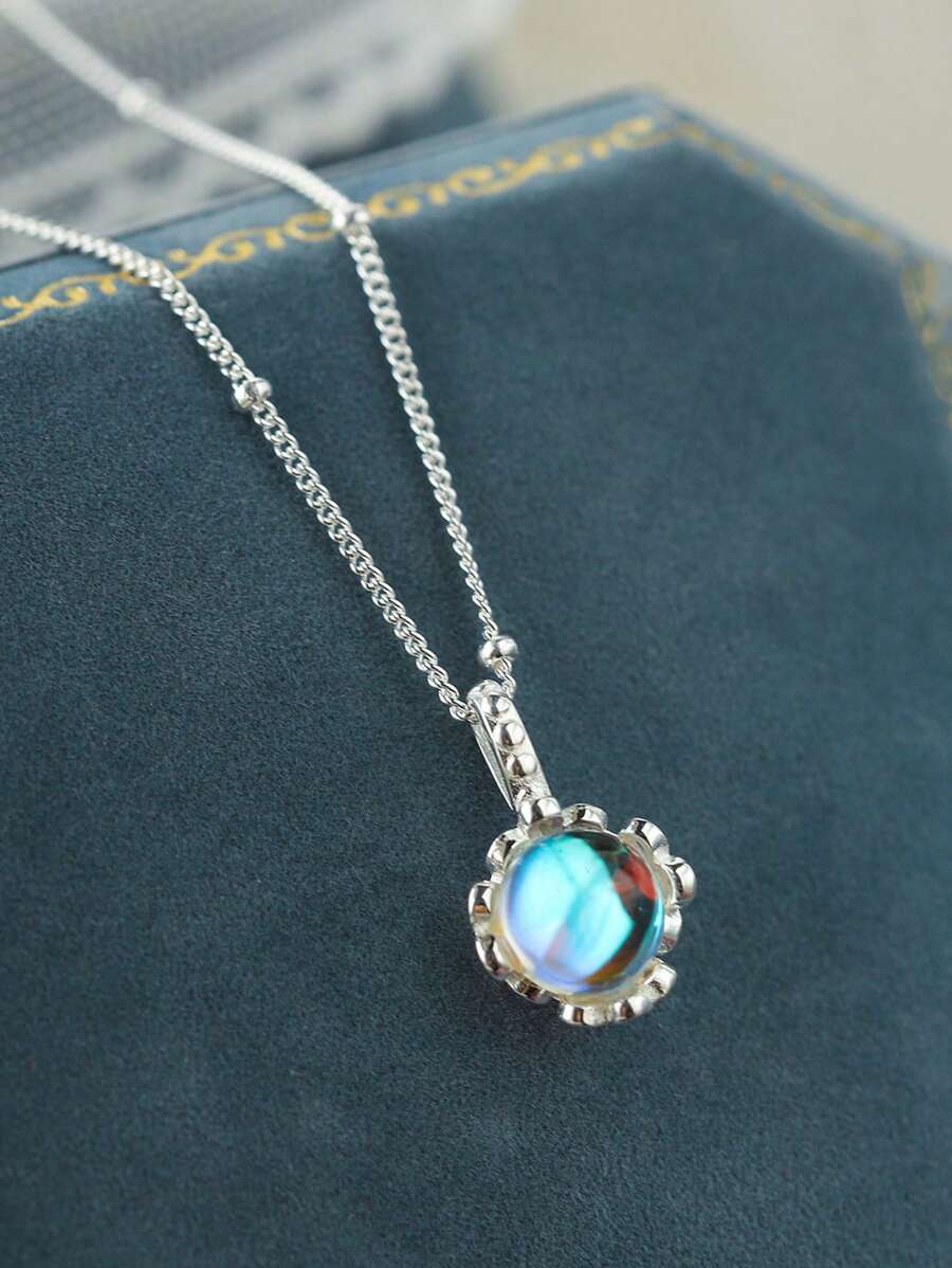 Collar con colgante circular minimalista de plata de ley 925 con dije de color azul claro, joya regalo para mujeres, cadena para la clavícula