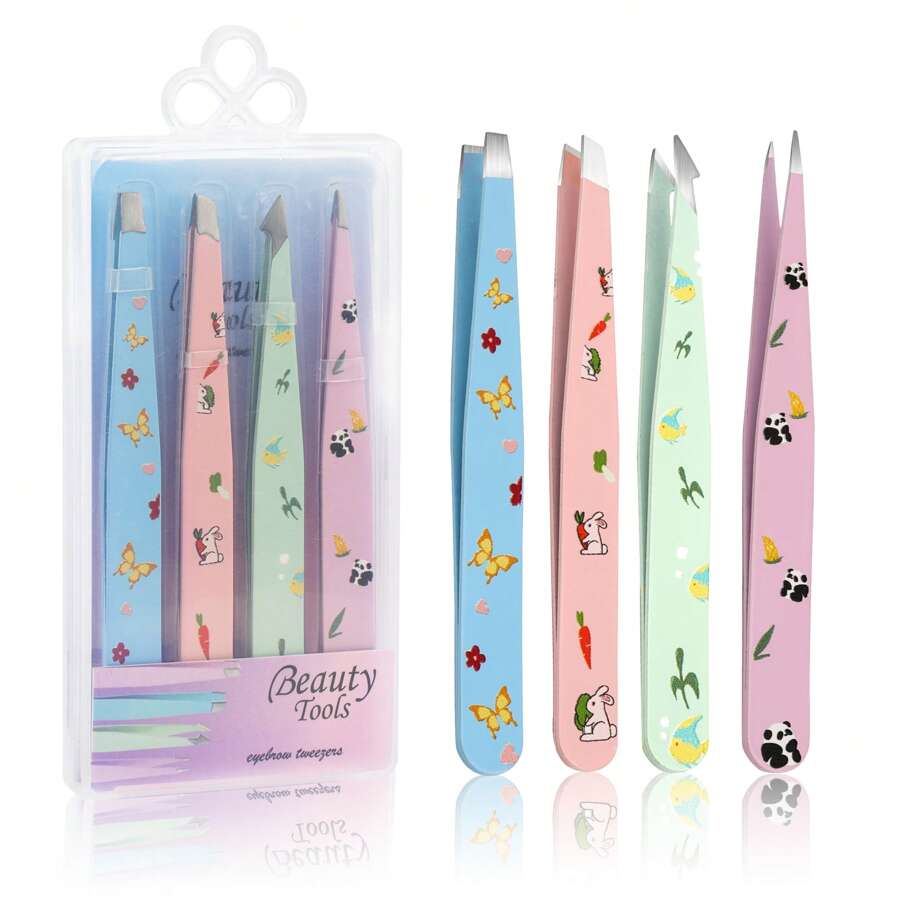 FADVAN 4PCS Tweezers Set Yellow/Lovely Flower Multi-Purpose Professional Stainless Steel Tweezers Precision Tweezers For Eyelash Extension Eyebrows Facial Blackhead,Point Tip Tweezers,Angle Tip Tweezers,Flat Tip Tweezers,Slant Tip Tweezers