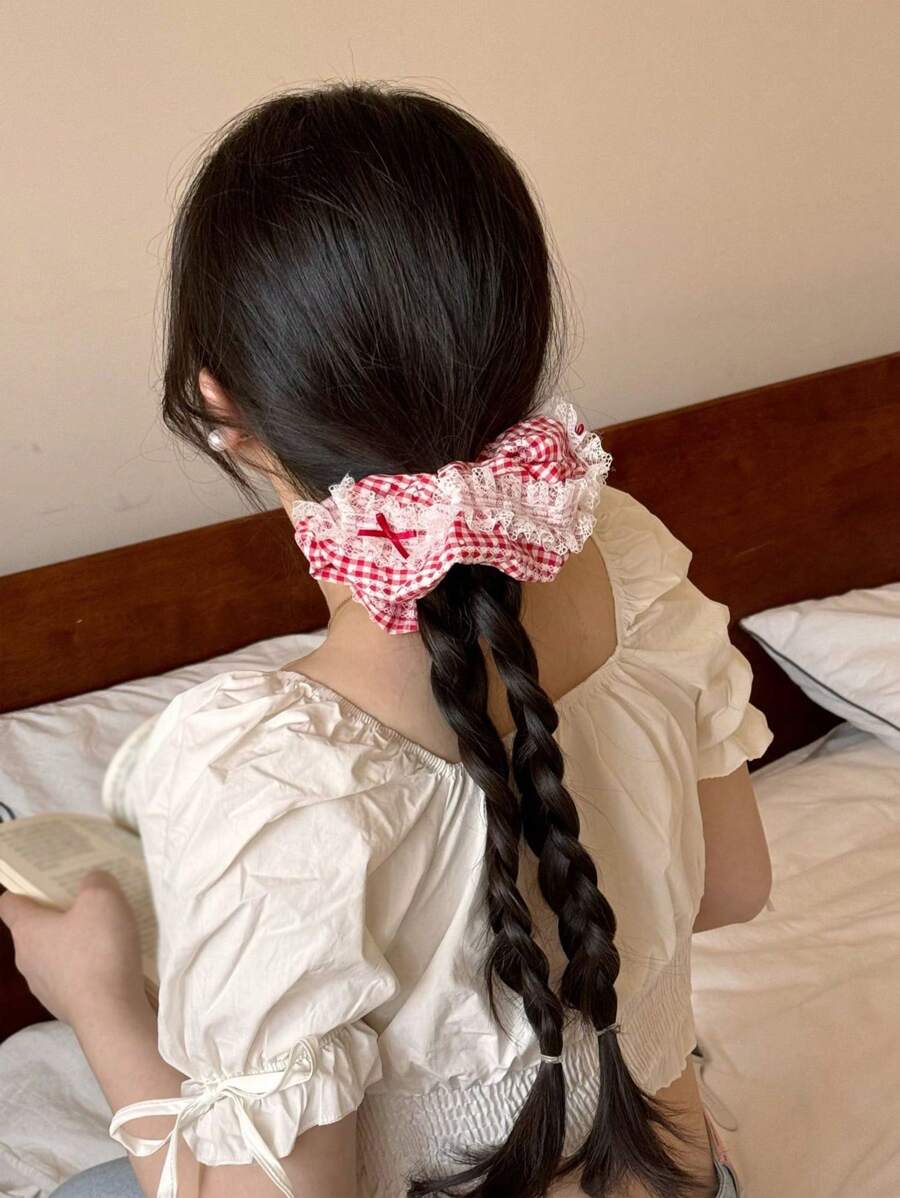 1pc Sweet Plaid Lace Scrunchie, Voluminous Bun Holder Ponytail Tie, Soft & Elegant Hair Accessory