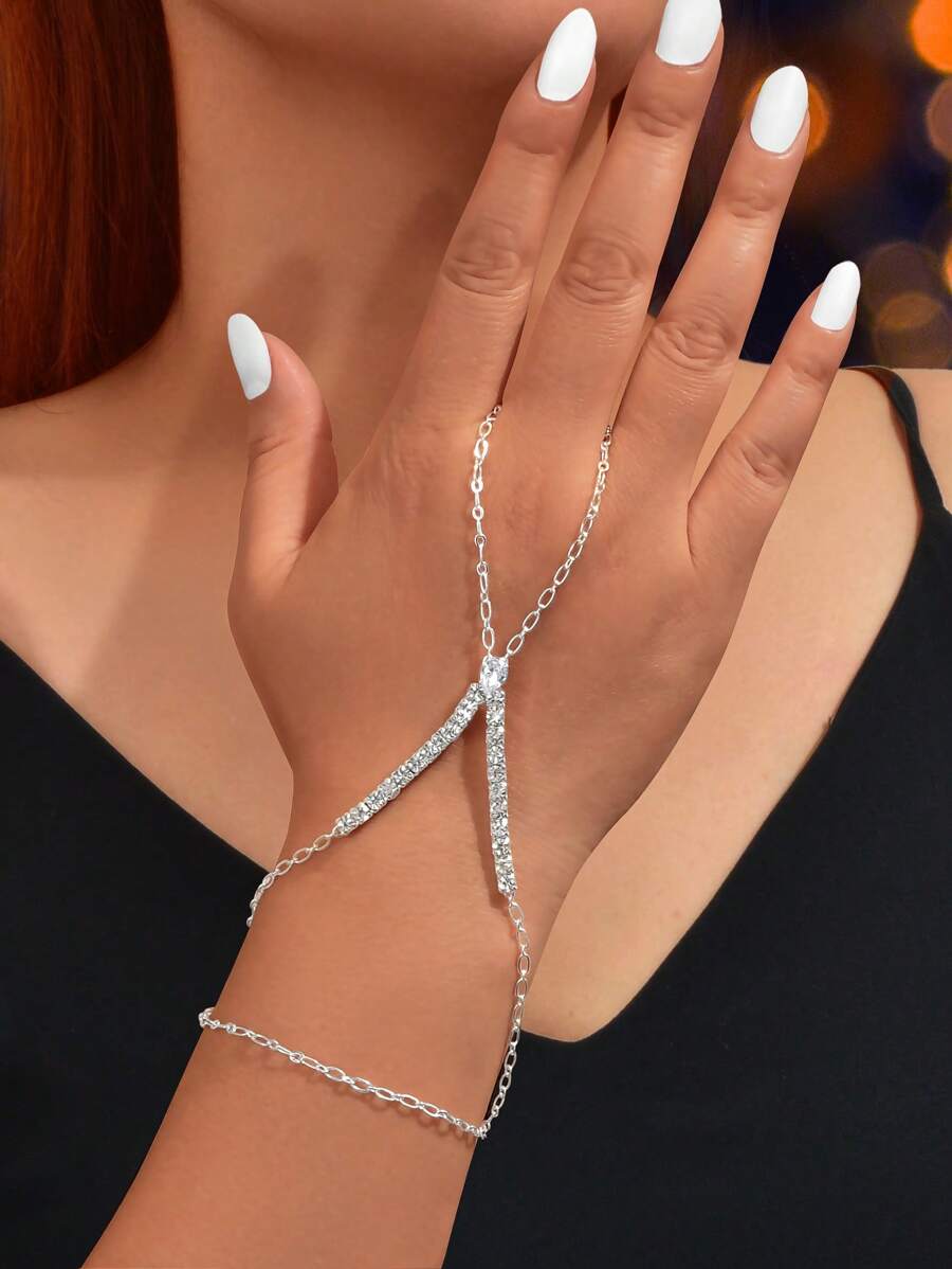 1 Pc Fashion Rhinestone Decor Silver Chain Bracelet With Rings Party Prom Jewelry Women
