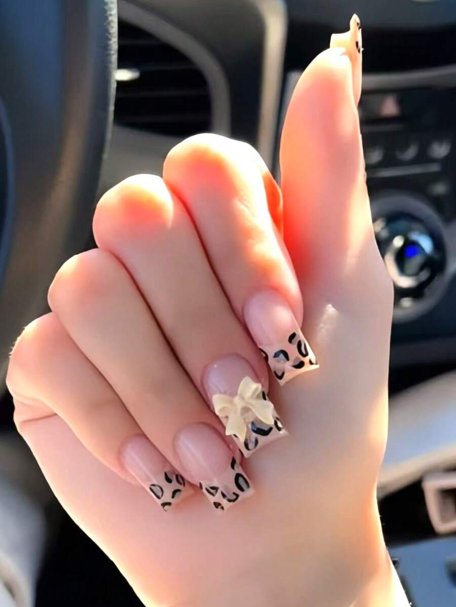 24pcs French Square Leopard Print Bow Fake Nails, Suitable For Summer Wedding Party Shooting Scene + Jelly Gel + Nail File