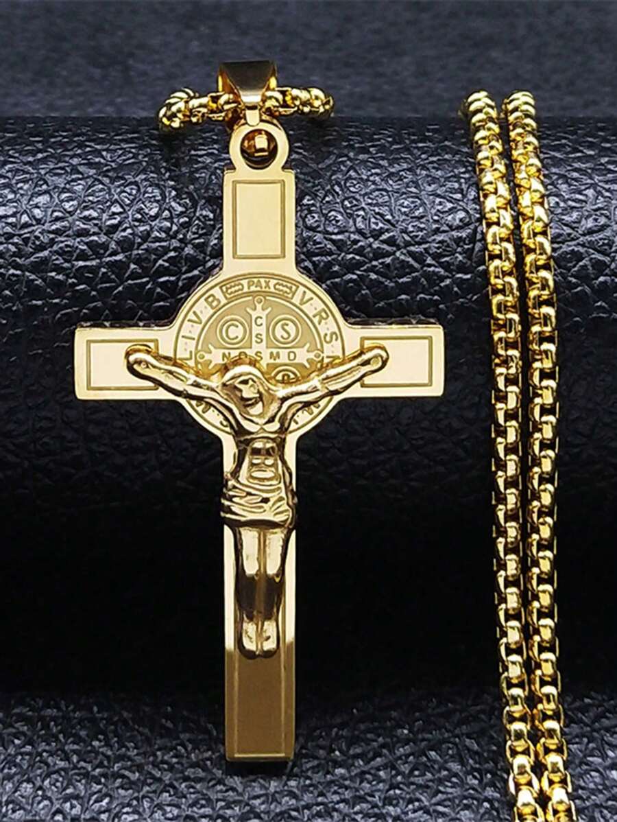 Collar de acero inoxidable con colgante de cruz de Jesús dorado/plateado con el emblema de San Benito para hombres