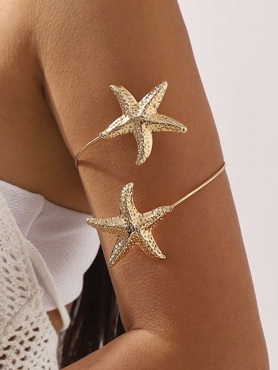 1 pulseira de metal com estrela do mar da moda para mulheres, pulseira ajustável para férias na praia