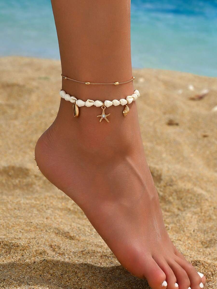 2pcs Bohemian Style Starfish Seashell Anklet For Women, Versatile For Beach Holiday And Daily Wear (Natural Seashells May Vary In Size And Color; Bead Chain Is A Finished Product, And Handmade Beads May Differ Slightly From The Picture)