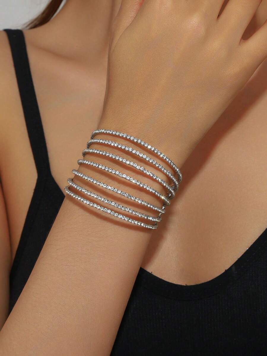1 Pieza Brazalete elegante de moda para mujer con cadena en forma de C de metal hueco y decorado con cristales
