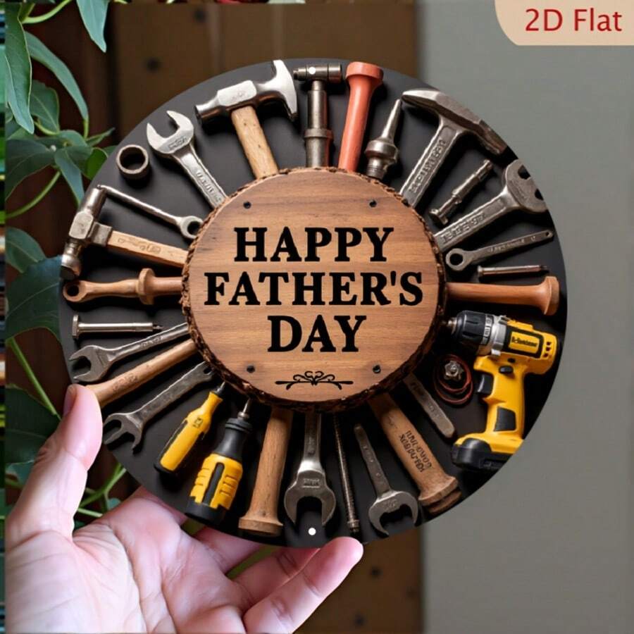 2D Flat, 1pc Happy Father's Day Metal Sign - Tool-Themed Round Metal Wall Decor For Garage, Patio, Room - No Electricity Needed, Durable 2D Flat Artwork, Gift For Dad, Father's Day Decorative Plaque, Fathers Day Gift, Toolthemed Design, 2D Flat