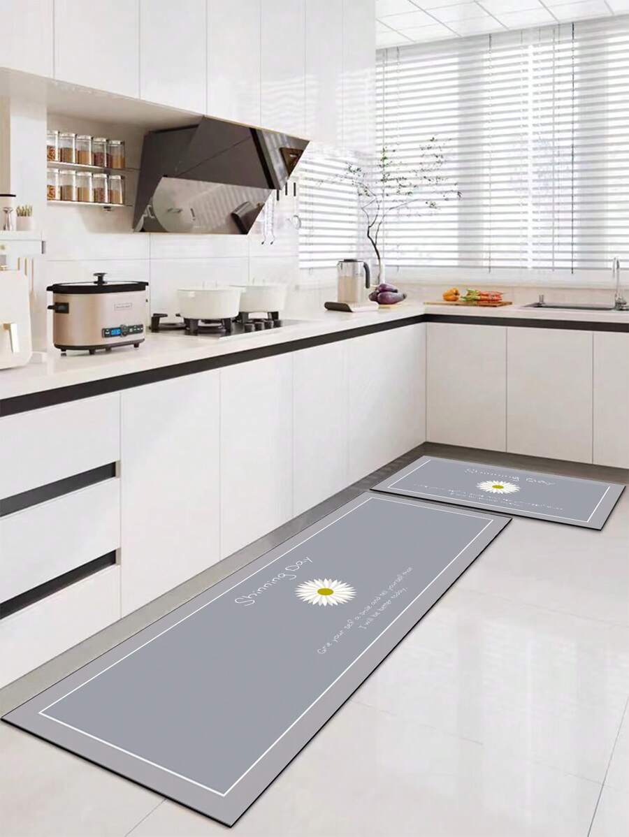 1 pezzo di tappetino da cucina in diatomite, in stile fresco e semplice, con pattern a margherite intrecciate e testo in inglese, di colore grigio di alta qualità, antifatica con cuscinetto di circa 3mm di spessore, tappetino da cucina assorbente e tappeto, tappetino in morbida gomma di diatomite, adatto per cucina, bagno, ingresso, lavanderia e altri ambienti