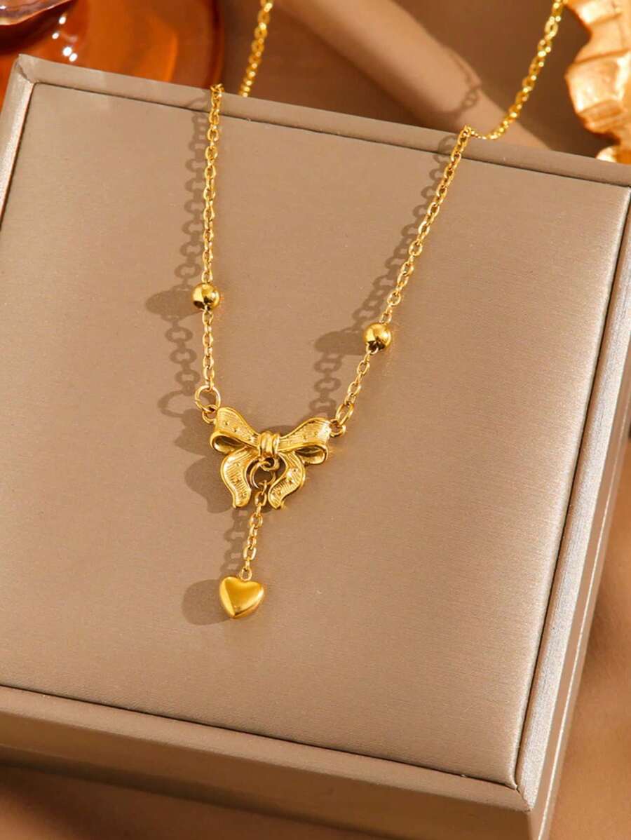 1 Peça Colar Pingente Coração em Forma de Laço de Aço Inoxidável, Colar Gargantilha Pingente Coração Laço Dourado Vintage Luxuoso, Presente Elegante para Meninas e Mulheres