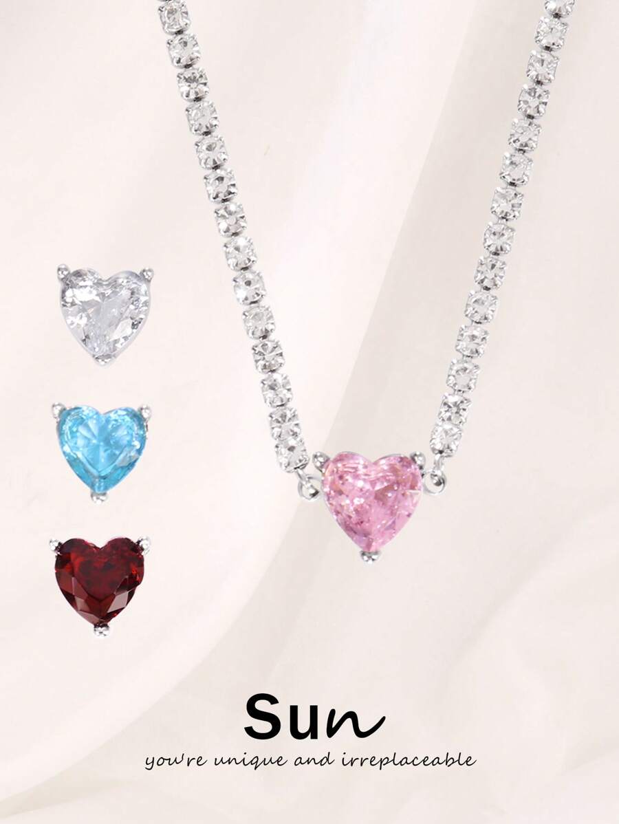 1 pièce Collier pendentif en forme de cœur en zircone coloré en acier inoxydable pour femme. Collier chaîne tennis en zircone de luxe brillante. Bijoux