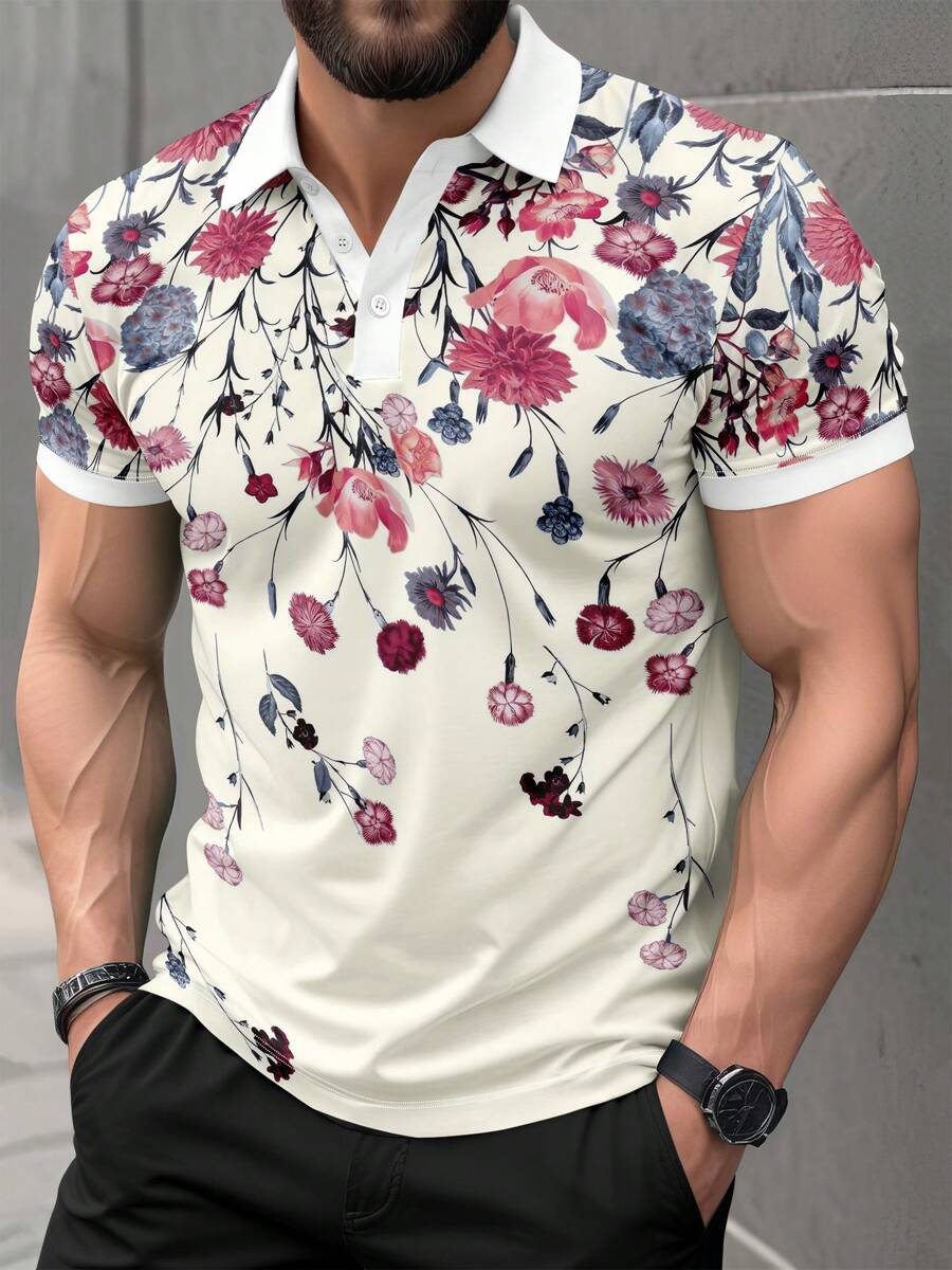 Camisa polo de manga corta con estampado floral casual para hombres de talla grande