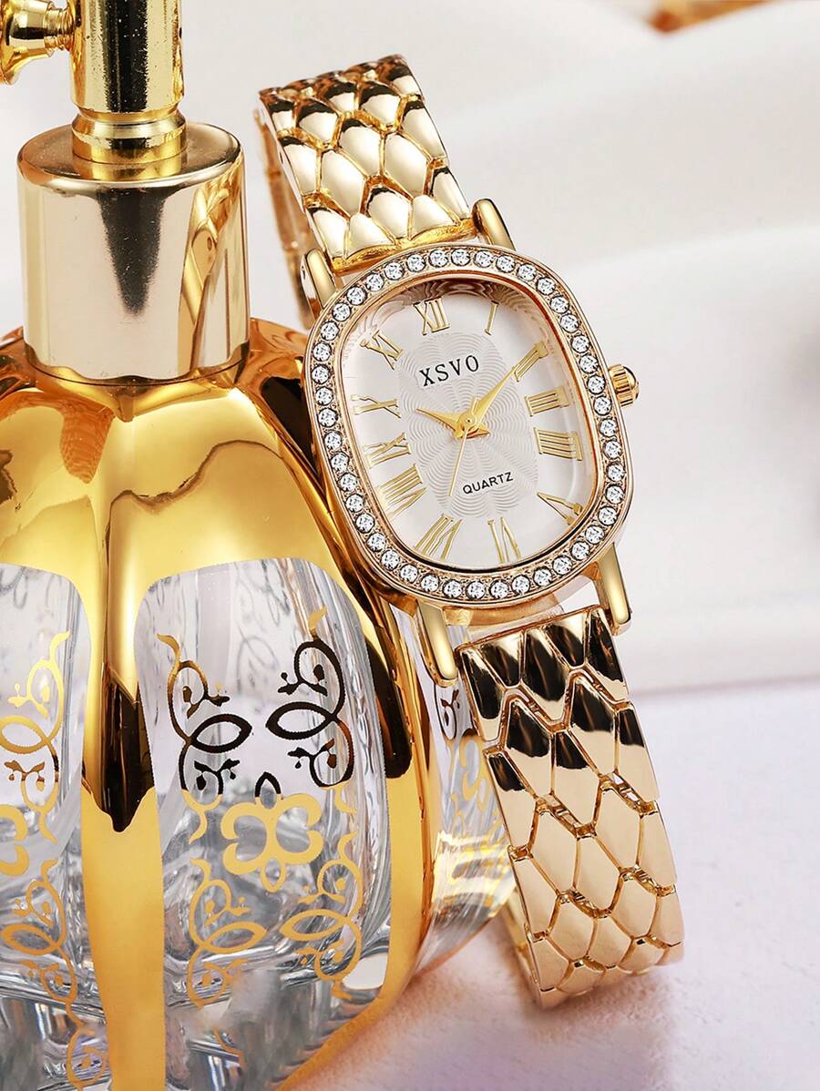 1 Stück XSVO authentische Luxus Damen Armbanduhr aus Stahl mit Strass besetztem Zifferblatt, modisches und elegantes Römische-Ziffern Design