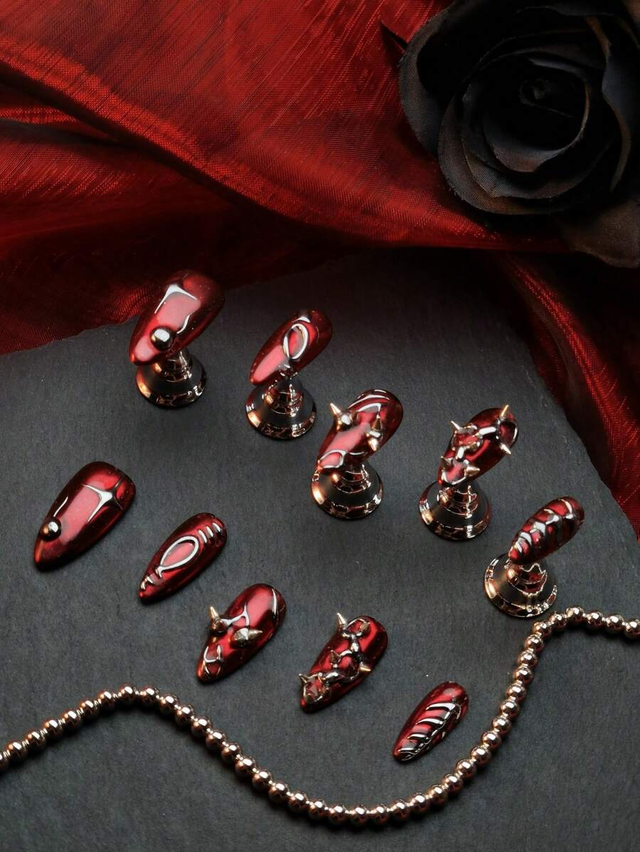 10 Peças Conjunto de Unhas Completo Artesanal, com Unhas de Estilo Punk Estampadas em Formato de Amêndoa e Conjunto de Unhas Punk Ciberpunk de Metal Vermelho Grosso de Estilo Punk Girl Junk, Adequado para Meninas Usarem no Dia a Dia e em Eventos como Festas e Festas Temáticas. Acompanha 1 Mini Lixa de Unha e 1 Etiqueta Adesiva Dupla Face.