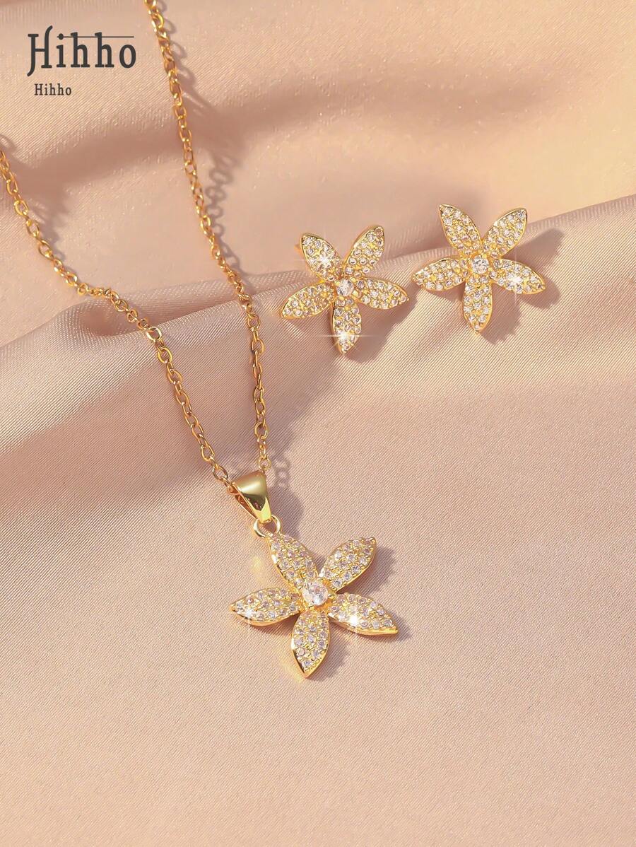 Hihho 3 pièces/set Collier en acier inoxydable incrusté de cubique zircone brillant avec pendentif fleur à 5 pétales et boucles d'oreilles assorties. Ensemble de bijoux élégants français pour femmes, convient pour le port quotidien, les festivals, les anniversaires, les fêtes