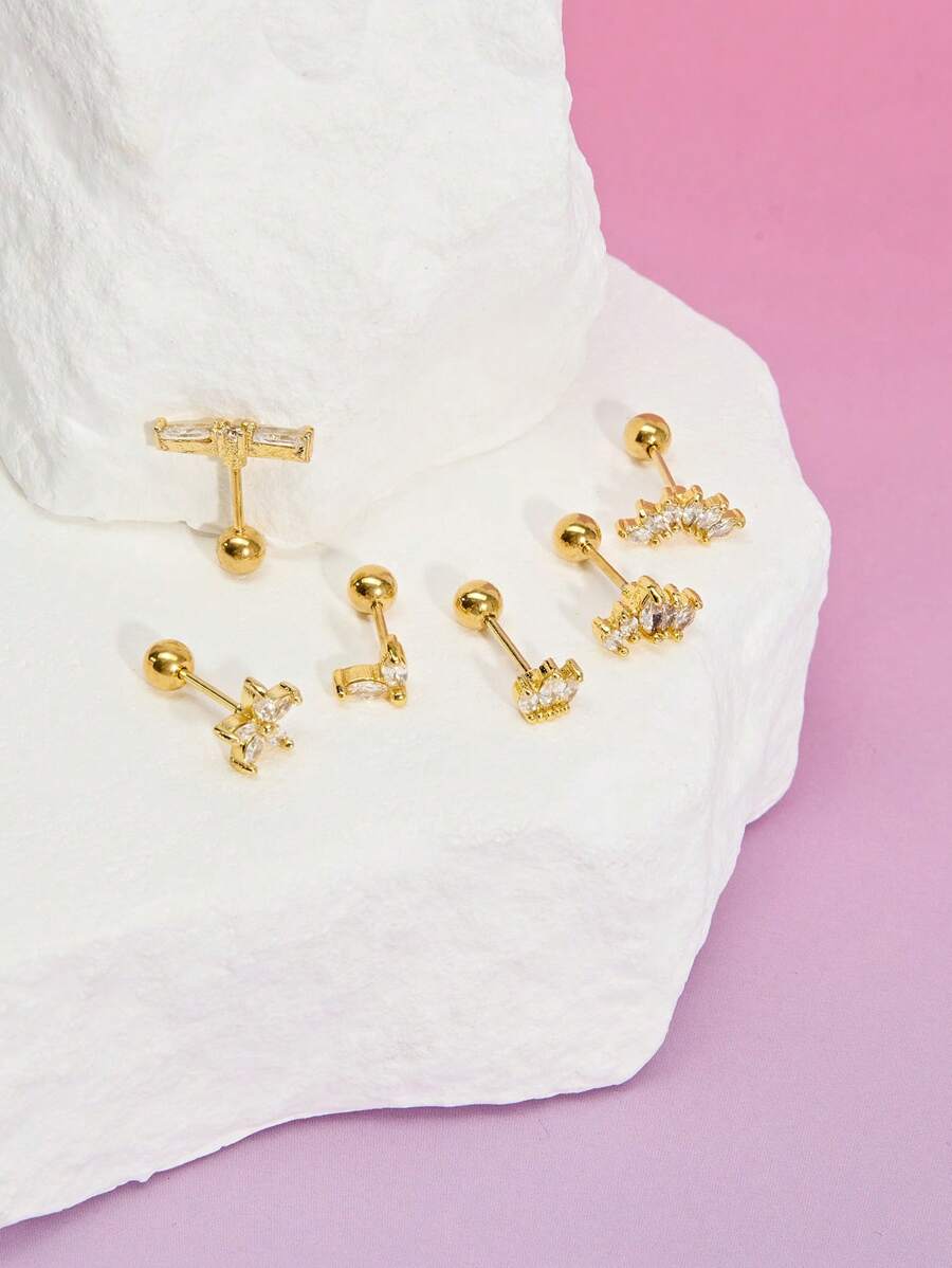 DareSee 6 Pcs Stud Earrings For Women Fashion Shiny Cubic Zirconia Cartilage Earrings Stainless Steel Gold Color Stud Earrings Helix Daith Tragus Piercing Jewelry For Party Gift MusicFest Y2KFest