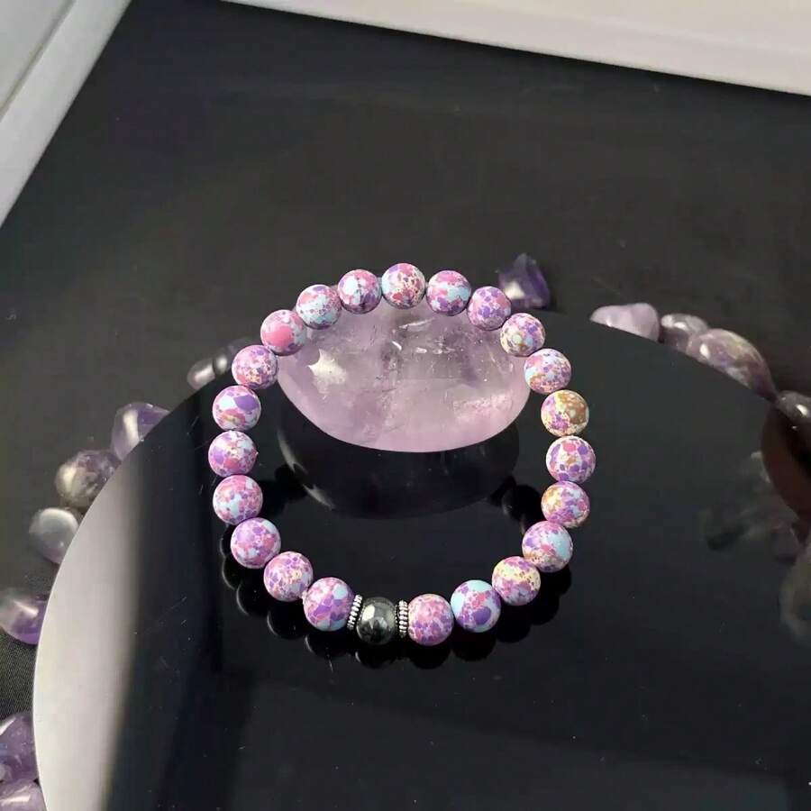 1pc/Snowflake Obsidian And Asteroid Jasper Handmade Beaded Bracelet Unisex For Sleep And Stress Relief, Elastic Homeopathic Jewelry