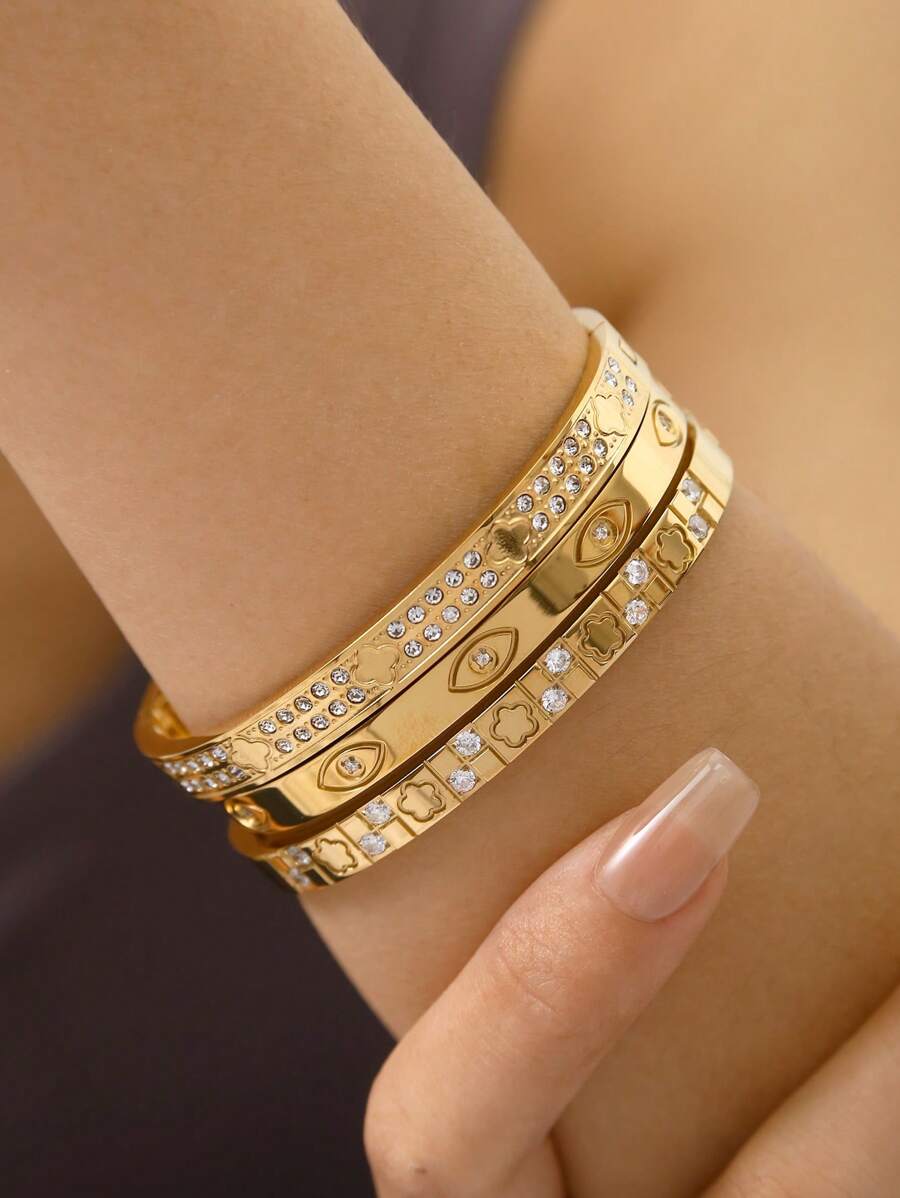 1pc/3pcs Fashion French Luxury Stainless Steel Devil's Eye, Clover, Pentagram Zirconia Bracelet, 18K Gold Plated, Simple & Elegant, Not Discolored Buckle Bangle, Suitable For Women Daily & Date Wearing