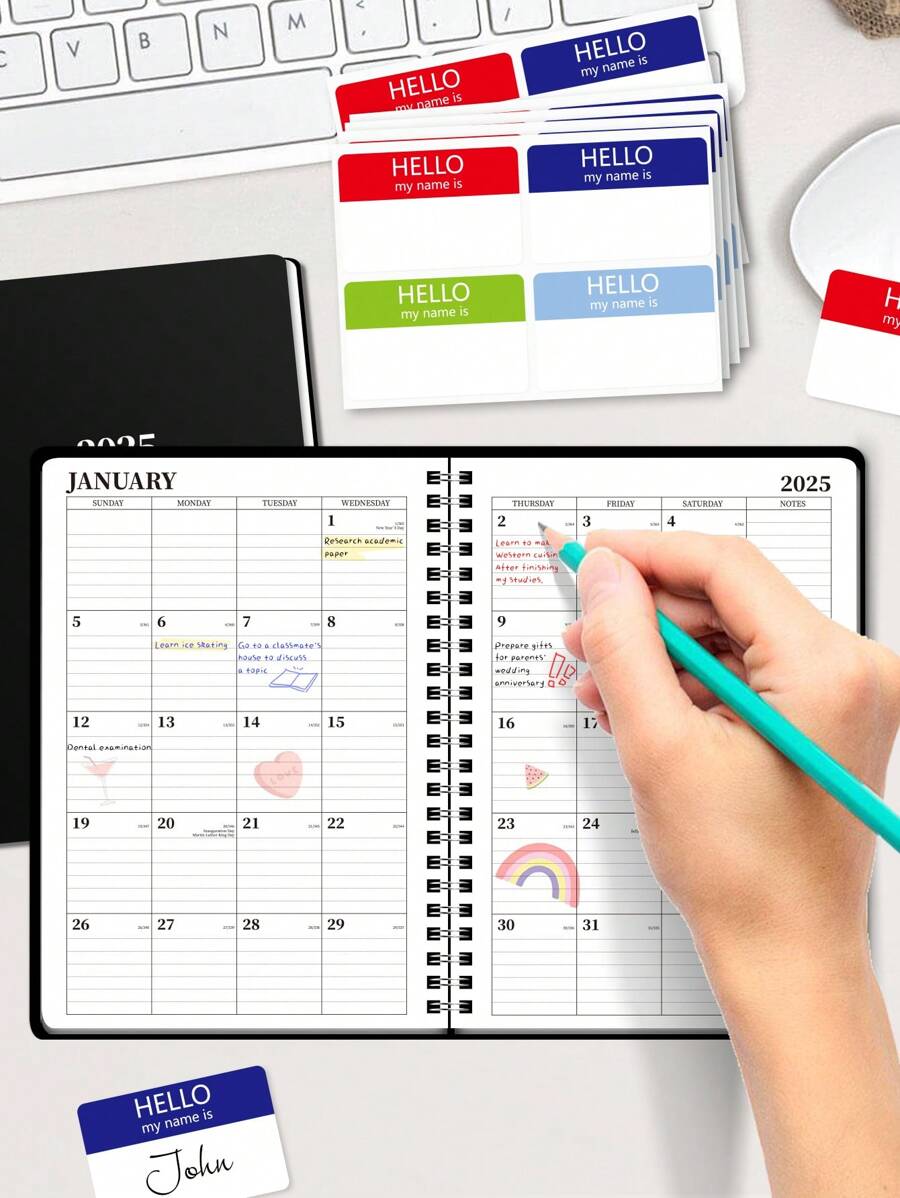 NEW 1pc Jan.2025 - Dec.2025 Monthly Planner, + 5 Name Stickers Simple Loose Leaf Plan Book, PINK Daily & Weekly And Monthly Planner, Perfect For Meeting Agenda Records, Work Plan Reports, Study Plan Records, Daily Diary, Suitable For Office And Study,School Supplies,Back To School