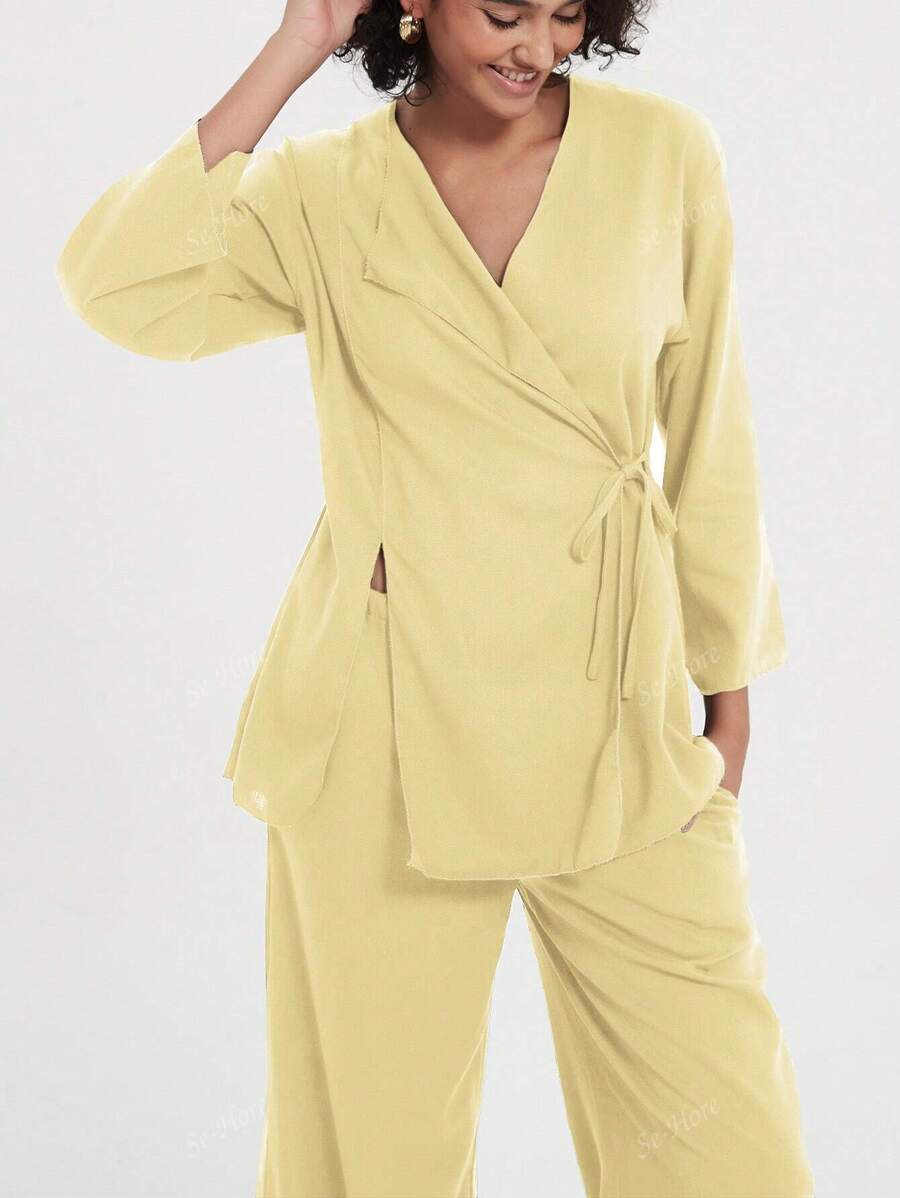 Se-Hore Fashion Trending Women's Retro Loose Tie V-Neck Jacket And Casual Pants 2 Pieces Set