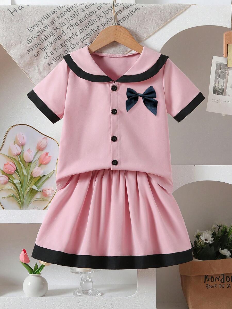 Set de 2 piezas de camisa de manga corta con botones y cuello marinero informal y falda para niñas