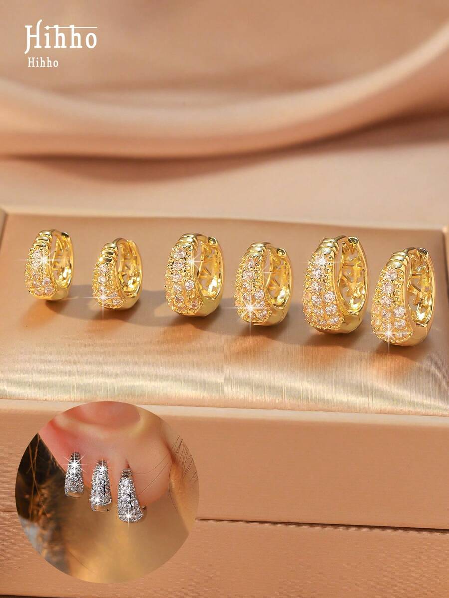 Hihho 6pcs Simple Sparkling Zirconia Embedded Copper Hoop Earrings Set, Fashionable Small, Medium, Large And Rugged Jewelry For Women, Suitable For Birthday, Vacation, Party, Holiday, Date Gift, Pairs With Daily Outfits