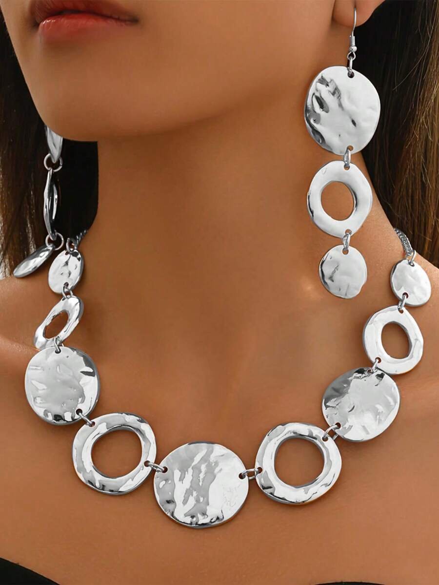 3pcs/Set Geometric Fashion Versatile Elegant Metal Collar Necklace Earrings Jewelry Set