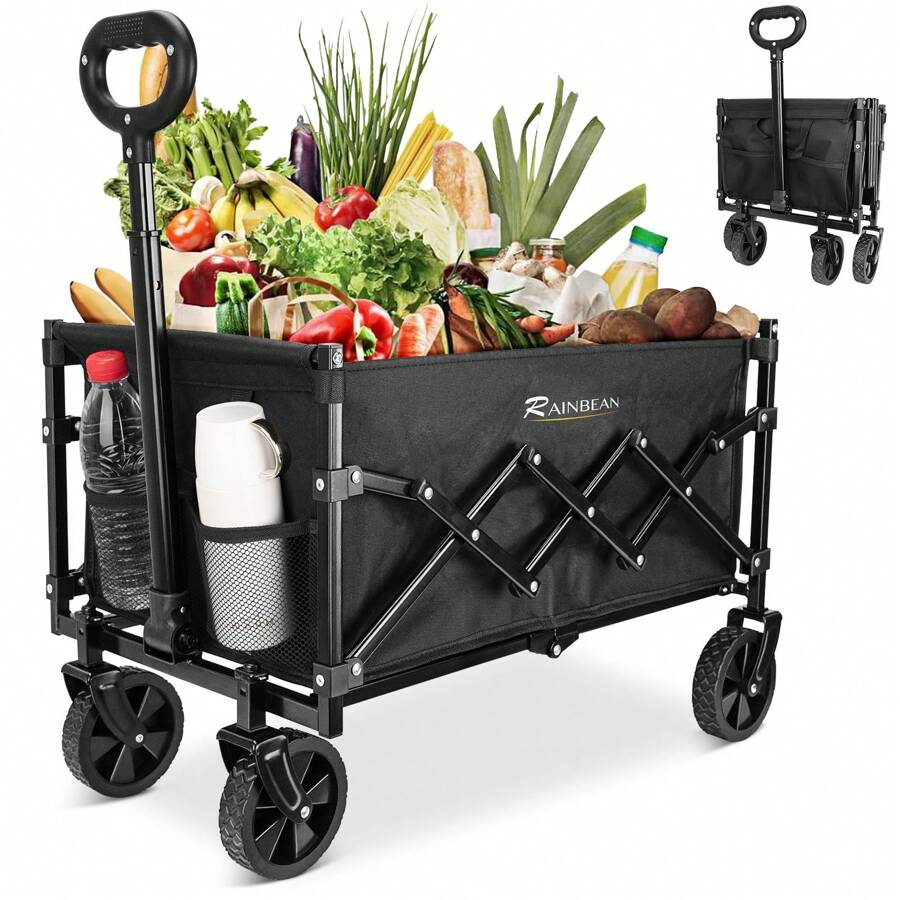 Collapsible Wagon Cart Foldable Heavy Duty Folding Wagon Large Capacity Shopping Cart Utility For Camping Garden Beach Sports Fishing, Black (264lbs)