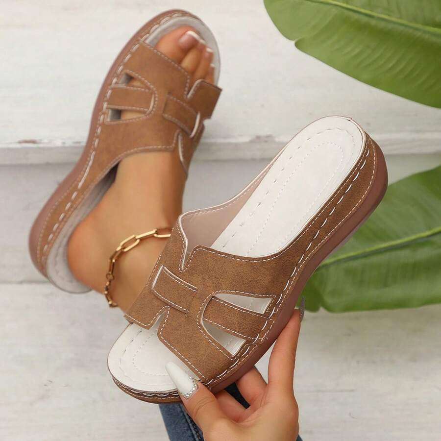 Women's Wedge Heel Slides Sandals, Fashion Stitched Casual Slip On Flat Preppy Beach Vacation Shoes For Summer