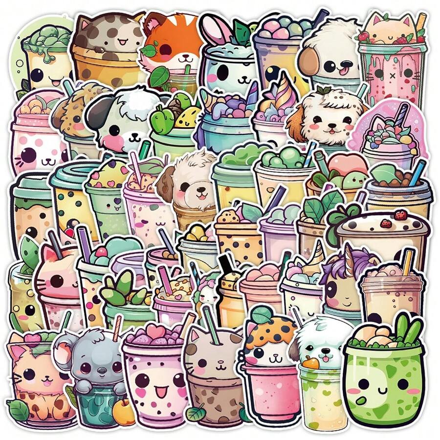 50pcs Bubble Tea Faux Pearl Design Cartoon Stickers, Vinyl Glossy Self-Adhesive Decals, Suitable For Decorating Luggage, Skateboards, Phone Cases, Diaries, Notepads, Desktops, Cabinets, Helmets For Adults And Teenagers, School Supplies,Back To School