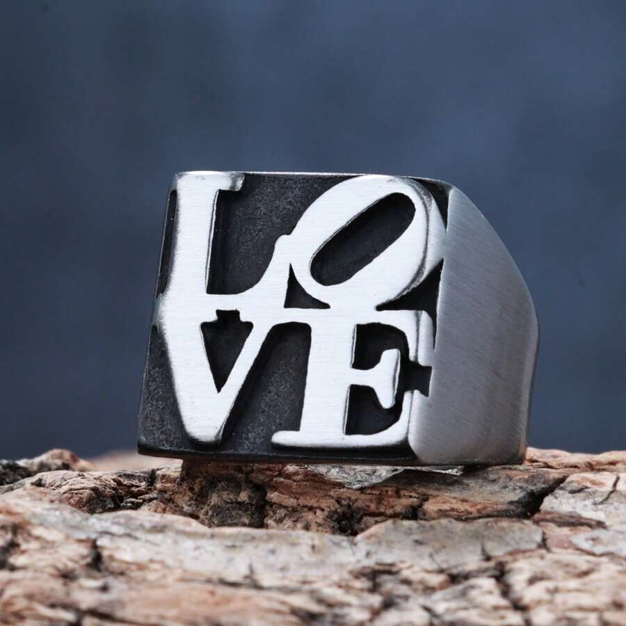 1 Piece Brushed Waterproof Stainless Steel Punk Hip Hop Square Emotion Statement Initials Word LOVE Signet Ring For Man And Women