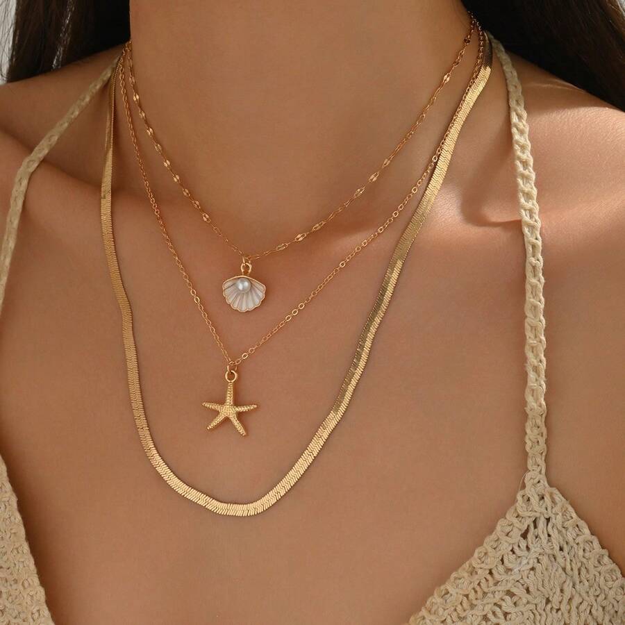 3pcs/Set Women's Fashion Minimalist Starfish & Seashell Multi-Layer Chain Necklace Jewelry Set, Summer