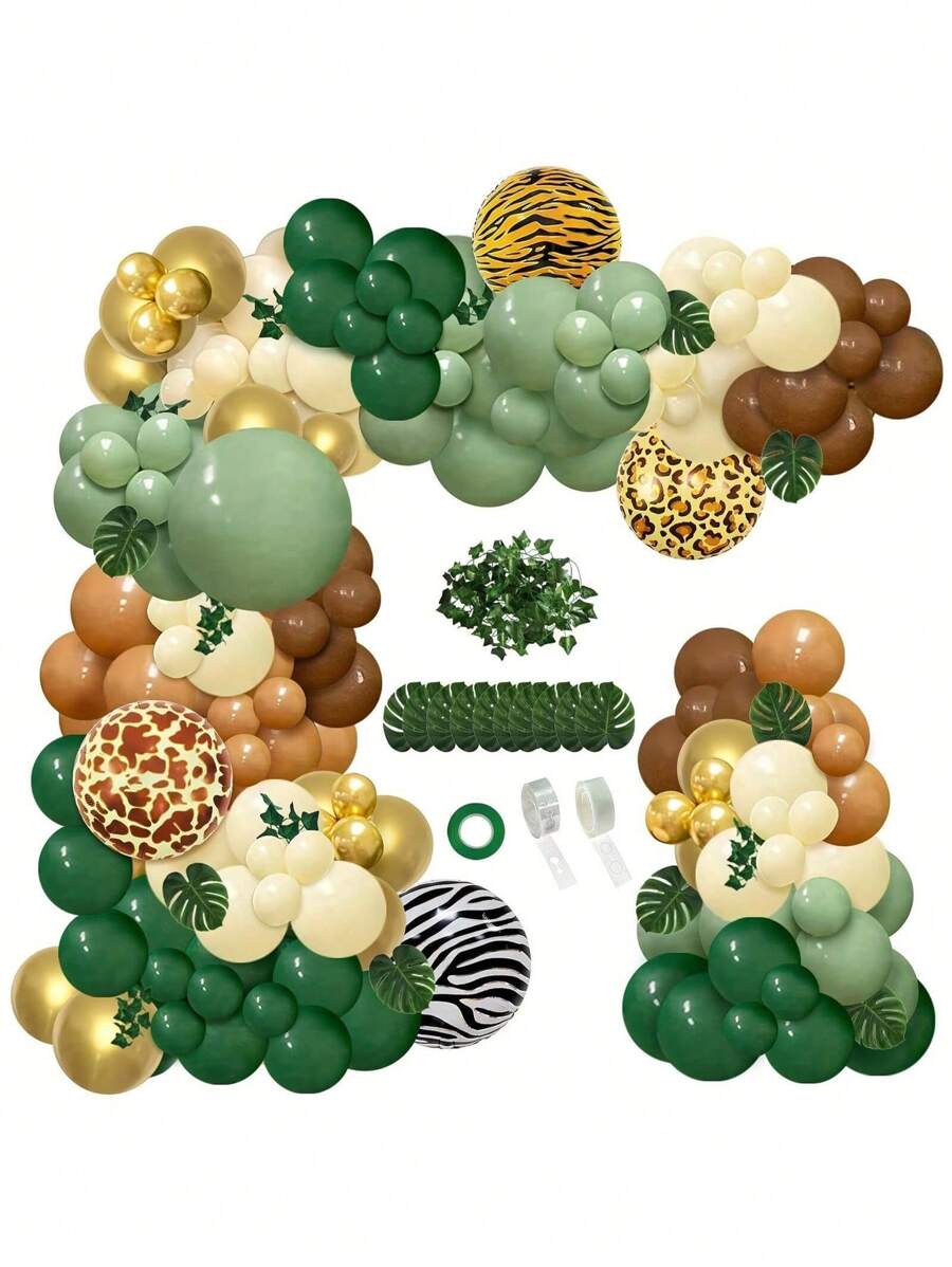 142pcs Jungle Theme Balloon Arch Kit, Green & Brown Balloons With Animal Print, Palm Leaves, For Tropical Birthday Party, Baby Shower Decoration